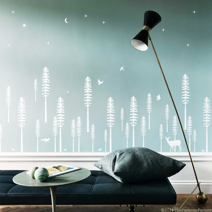 Décalque Mur de Forêt Pins/Décalcomanie Neige d'arbre Murale Pin Enneigée Pépinière Décor Noël