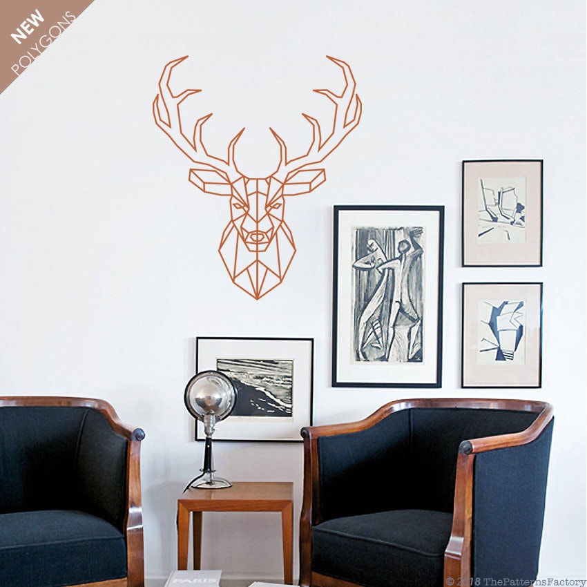 Décalque Mural de Cerf/Autocollant Géométrique Tête Décalque Visage Cerf en Forme Polygone Décor Cha