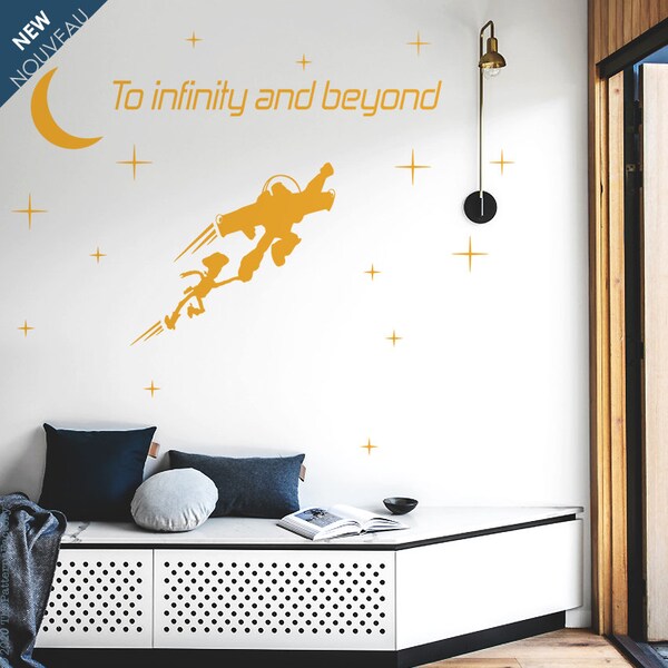 Toy Story inspired wall decal - Buzz and Woody Flying decal V2 - To Infinity and beyond quote included - Stars and Moon - Buzz flying