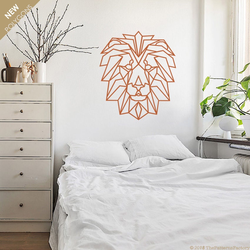 Décalque Mur de Lion/Autocollant Géométrique Tête Décalque Visage Forme Polygone Lion Décor Chambre 