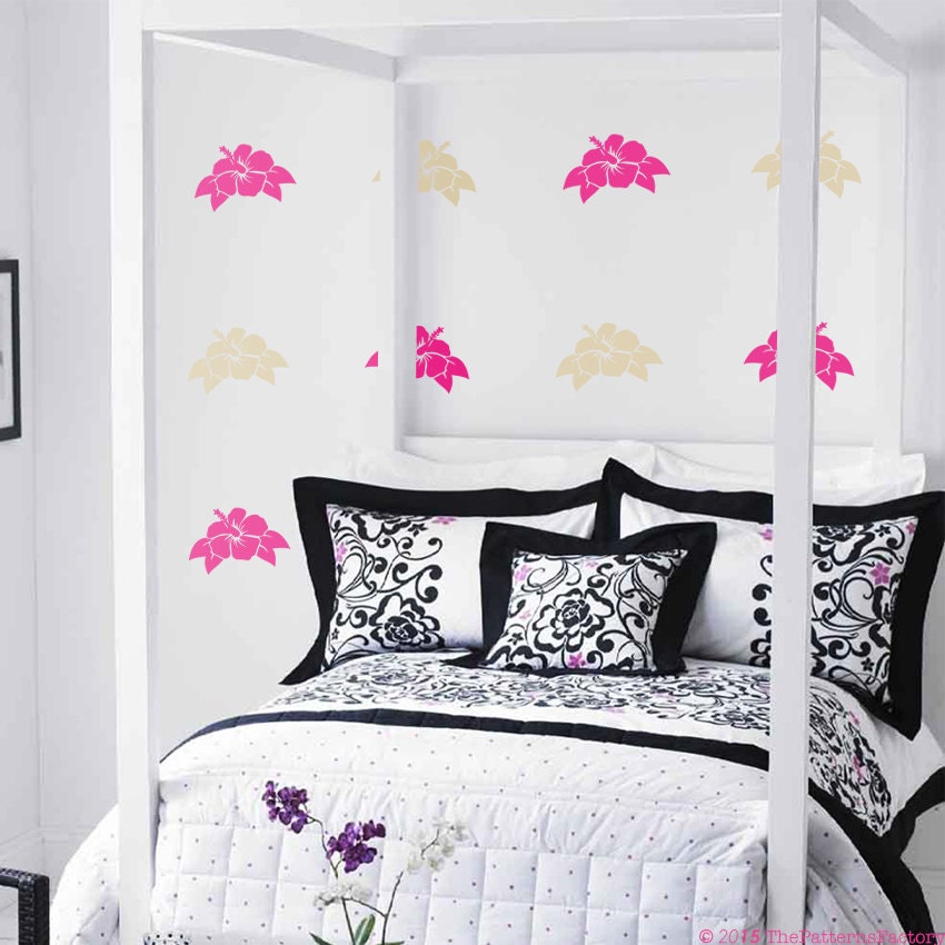 Décalque Mural Motif Hibiscus - Décalque Autocollant Pépinière Décor Fleuri Tropical Hawaï