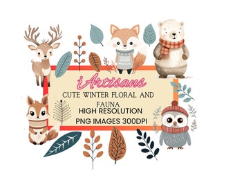 Winter Animal Clipart | Woodland Animals | Owl Print | Winter Prints | Digital Download | Cute Animal Clipart | Leaf Prints | Leaf Designs