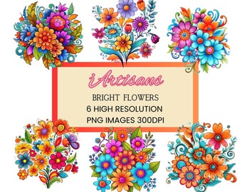 6 Flower Clipart Images | Transparent Background | PNG Images | Flower Art | Floral Prints | Commercial Use | Digital Download | Bright Art