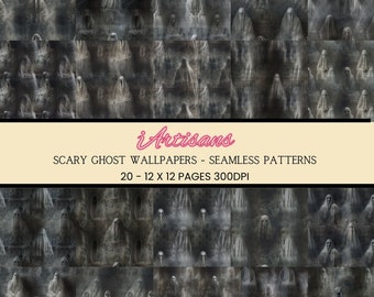 20 Zombie and Ghosts | Creepy Seamless Patterns | Zombie Poster | Ghost Face | Commercial Use |  Halloween Art | Digital Download