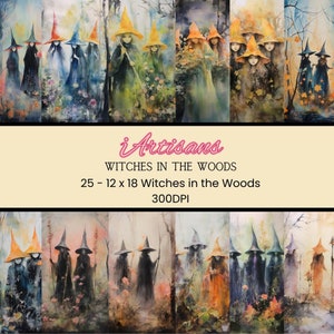 Magical Witches Print | Watercolor Witch Art | Enchanted Forest Download | Mystical Woodland Decor, Witchy Home Decor | Whimsical Wall Art