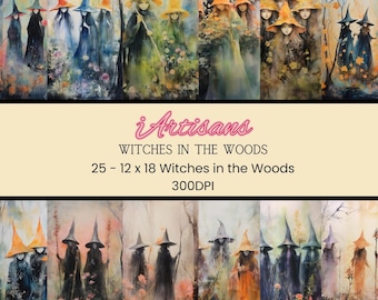 Magical Witches Print | Watercolor Witch Art | Enchanted Forest Download | Mystical Woodland Decor, Witchy Home Decor | Whimsical Wall Art