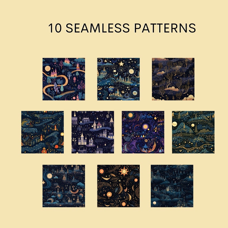 10 Mystical Night Patterns Moon and Star Seamless Patterns Magical Designs Digital Art Decor Wall Art Serene Art Home Decor image 2