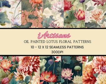 10 Oil Painted Lotus Flowers | Lotus Pattern | Seamless Patterns |  Flower Prints | Flower Patterns | Scrapbooking | Flower Art
