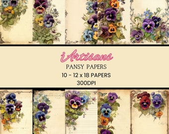 10 Pansy Art Paper | Junk Journal Printable | Journal Ephemera | Writing Paper | Vintage Prints | Vintage Poster | Crystal Art