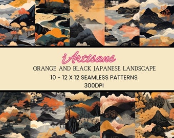 10 Landscape Patterns | Orange and Black Japanese Seamless Patterns | Landscape Art  | Decor Wall Art | Serene Image | Home Decor for Walls
