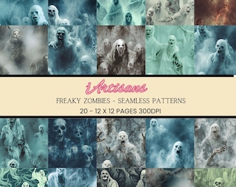 20 Zombie and Ghosts | Creepy Seamless Patterns | Zombie Poster | Ghost Face | Commercial Use |  Halloween Art | Digital Download