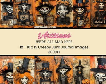 12 Creepy Characters | We're All Mad Here |  Scrapbooking Paper | Junk Journal Images | Halloween Paper | Junk Journal Paper | Halloween Art