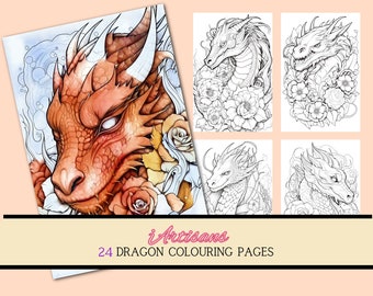 24 Floral Dragon Coloring Book, Printable Flower Forest Dragon Coloring Pages, Grayscale Coloring Book for Adults and Kids, Fantasy Coloring