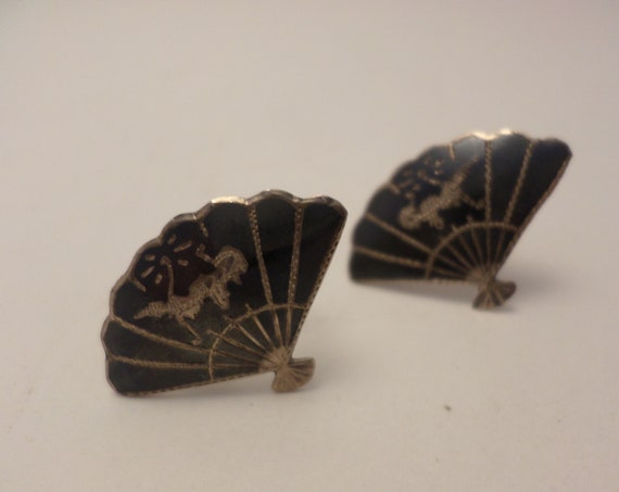 Vintage Siam screwback Fan earrings Sterling Silver Made in Thailand 50's