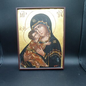 Vintage Byzantine Icon Virgin Mary Child Jesus Print Plaque Gold Leaf 10.50&quot;x 8&quot;Loving Face