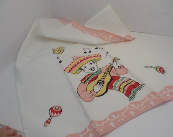 Mexico 50's mexican palying guitar kitsch tea towel napkin new old stock