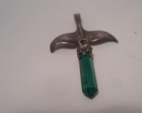 Vintage Sterling Silver Decending Wings/Bird holding Oblisk Malachite Stone Unisex