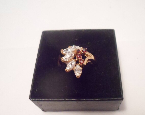 Vintage 70's Gold Plated Garnet & Zircon Cocktail Bling Ring Indiana Estate Find