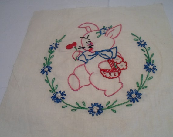 Antique Vintage 1940's Cotton Embroidered Quilt Square Flowers Hearts Rabbit Basket 9" x 9" Cottage Chic Ready to quilt