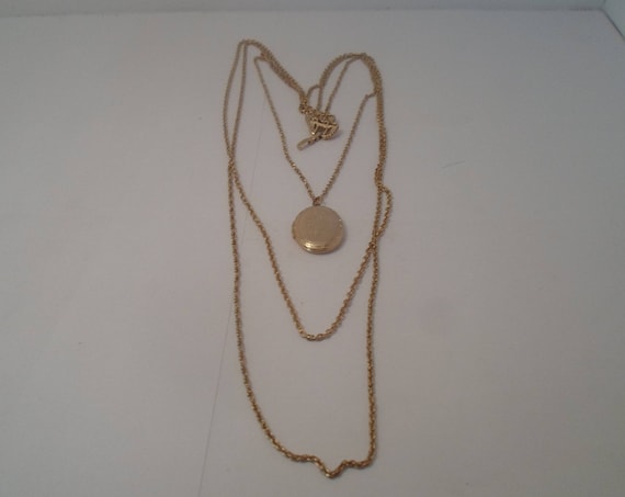Vintage Etched Picture Locket with Graduated Chains Edwardian Style Excellent