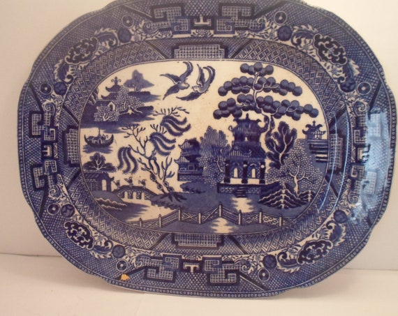 Antique Blue Willow Antique Platter Allertons England Willow mark Hard To Find Size Use or Decorate Farm House Chic Cottage Decor