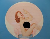 Vintage 50s Pin-Up red haired beautyin wicker chair metal punch out pin up never used
