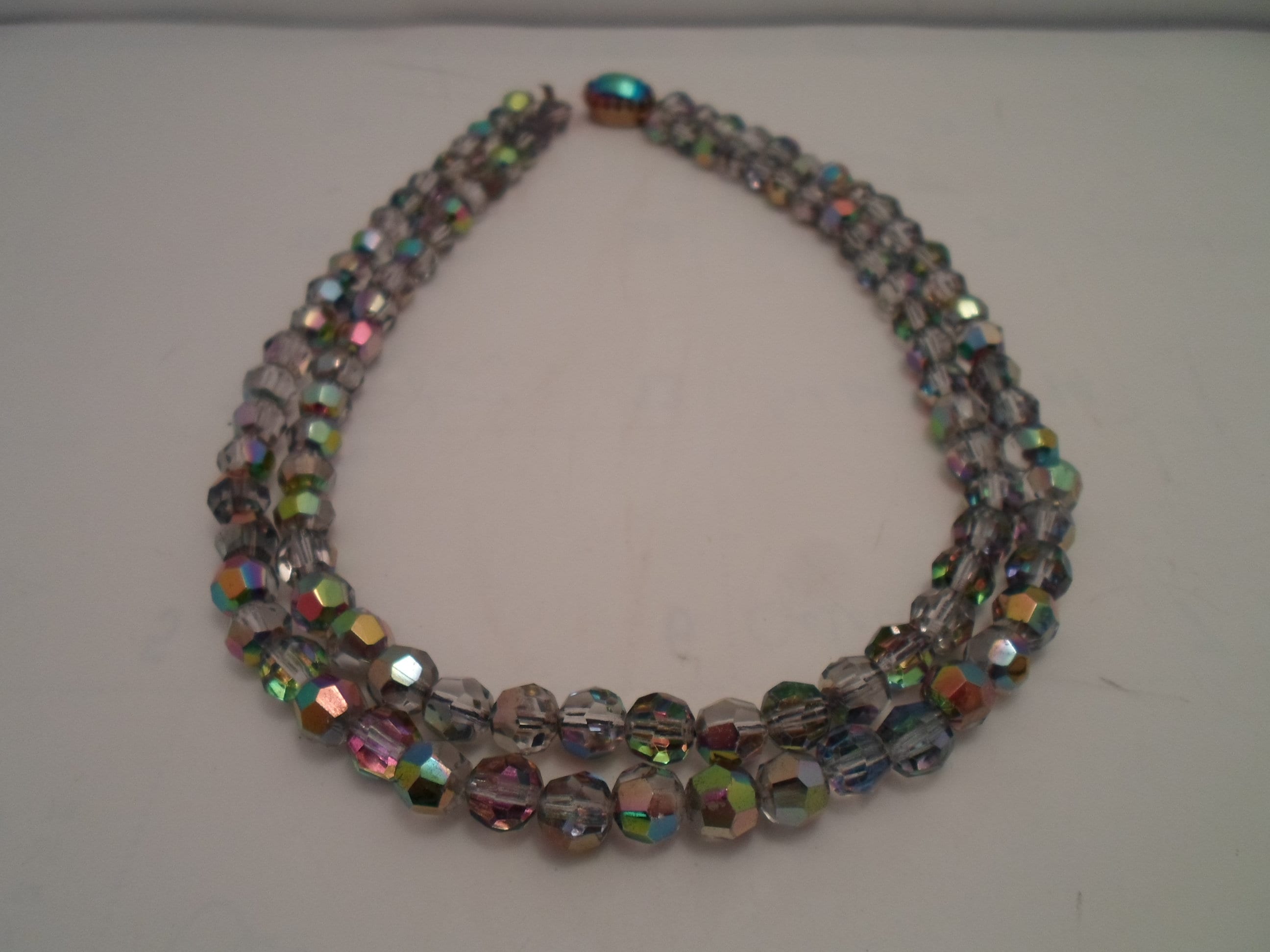 Vintage Faceted Iridescent Crystal Beaded Necklace Reflects light and color Stunning Double Strand