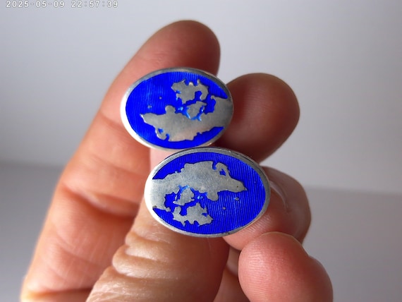 Vintage Danish Bernhard Hertz oval sterling enamel blue map cufflinks Copenhagen