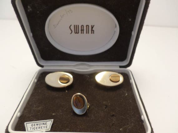 MCM New Old stock never used SWANK tiger eye cufflinks & tie tac set in original box