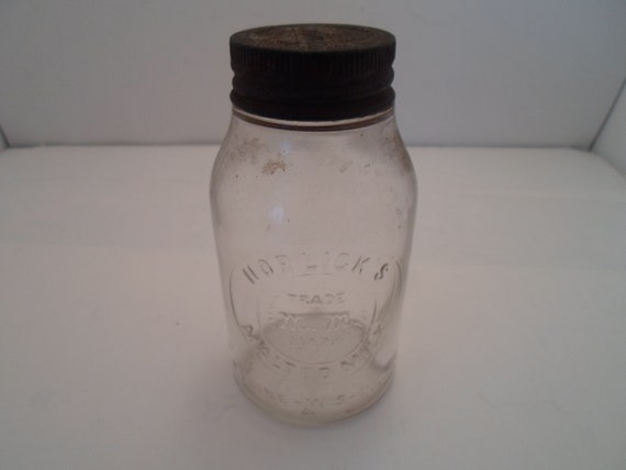 Vintage Antique Horlick's Malted Milk Jar Original Lid Racine Wisconsin Soda Fountain Milk Shake Cottage to City Chic Hazel Atlas Glass Co
