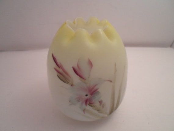 Vintage Satin Glass Hand Painted Crimped Rose Vase Sunny Pale Yellow to White Hand Blown Antique