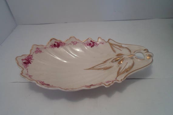 Vintage Kaolena California Pottery Trinket Soap or Olive Dish Gold Leaf & Floral design Signed