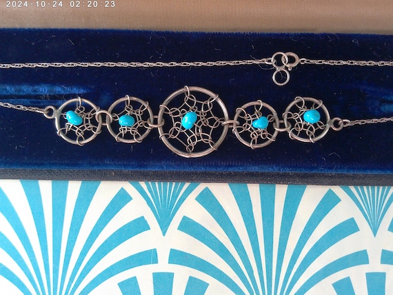Vintage 90's Sterling and turquoise bead dream catcher catchers' necklace 16"