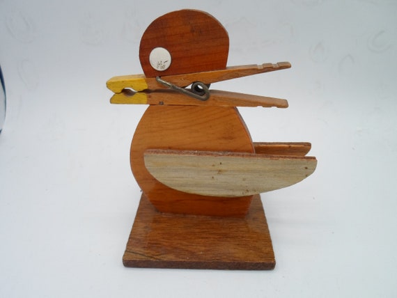 Vintage Folk Art Duck Memo Note Holder Reminder Adorable Mixed Wood Clothespin Beak Cute