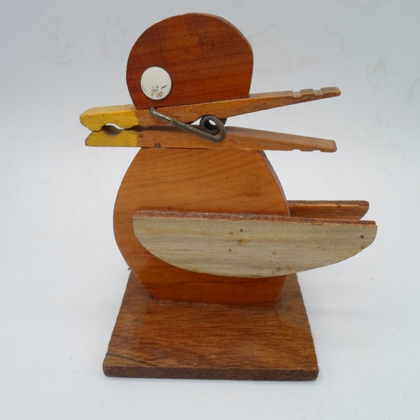 Vintage Folk Art Duck Memo Note Holder Reminder Adorable Mixed Wood Clothespin Beak Cute
