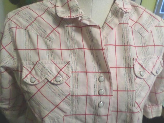 Vintage 50's-60's H Bar C California Ranchwear snap, yolk shirt ladies, pink red rainbow lines 36 S-M western wear, cowgirl