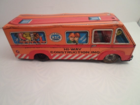 Vintage Tin Litho  Hi Way Construction Toy Van Bus Truck HSC US Service 1960's As Is