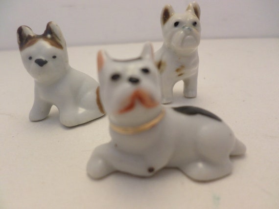 3 Vintage 1930's Occupied Japan dog cake toppers bisque Boston Terrier