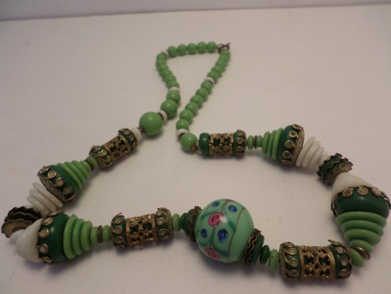 Fabulous Vintage art glass beads jadite green whi… - image 2