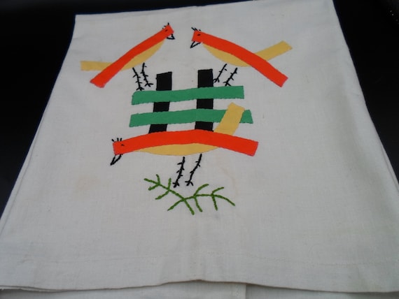 Vintage Hand Decorated Cotton Tea Towel Art Deco 1930's