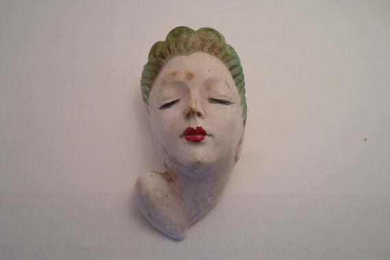 Art Deco Original Chalk Lady head with planter a Beauty Deco Head vase 6"tall x 3" wide Cosmetic design