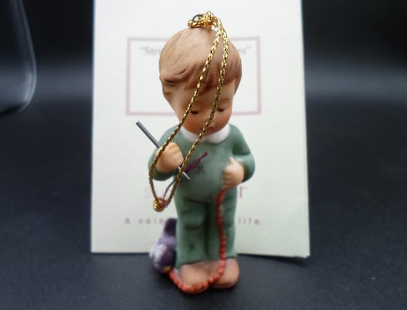 Vintage Hummel Goebel Mini Christmas Ornament Stringing Cranberries Hand Painted Mini Studio