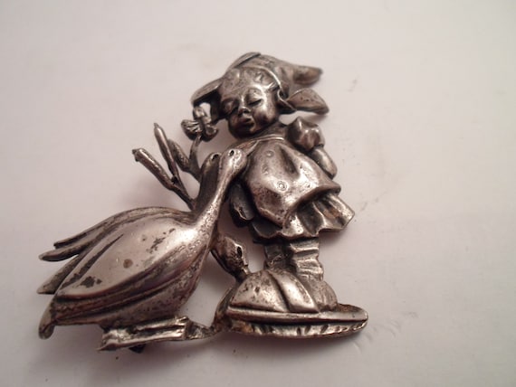 Vintage Country Girl Pin Brooch Silver Plate Geese Farm Goose Girl Hummel style. One of a kind.