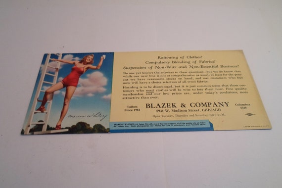 Vintage Pin Up Ink Blotter Marion Whitney Model World War II Rationing of Clothes Advertising Blazek Co Chicago Tayloring