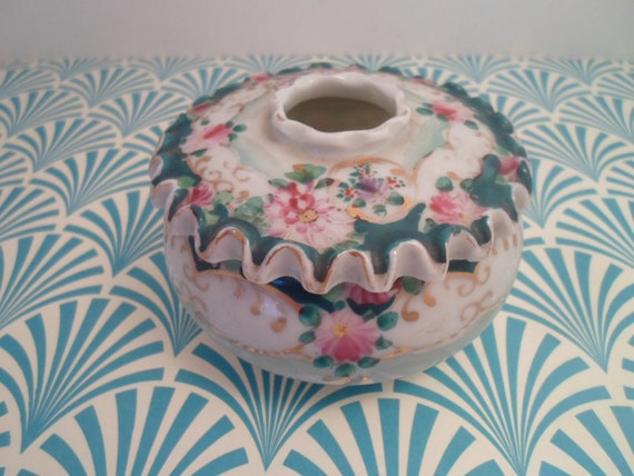 Antique Nippon Hand painted Hair Receiver Vanity Jar Jewelry Victorian Rare Fluted Lid Stunning Colors as is