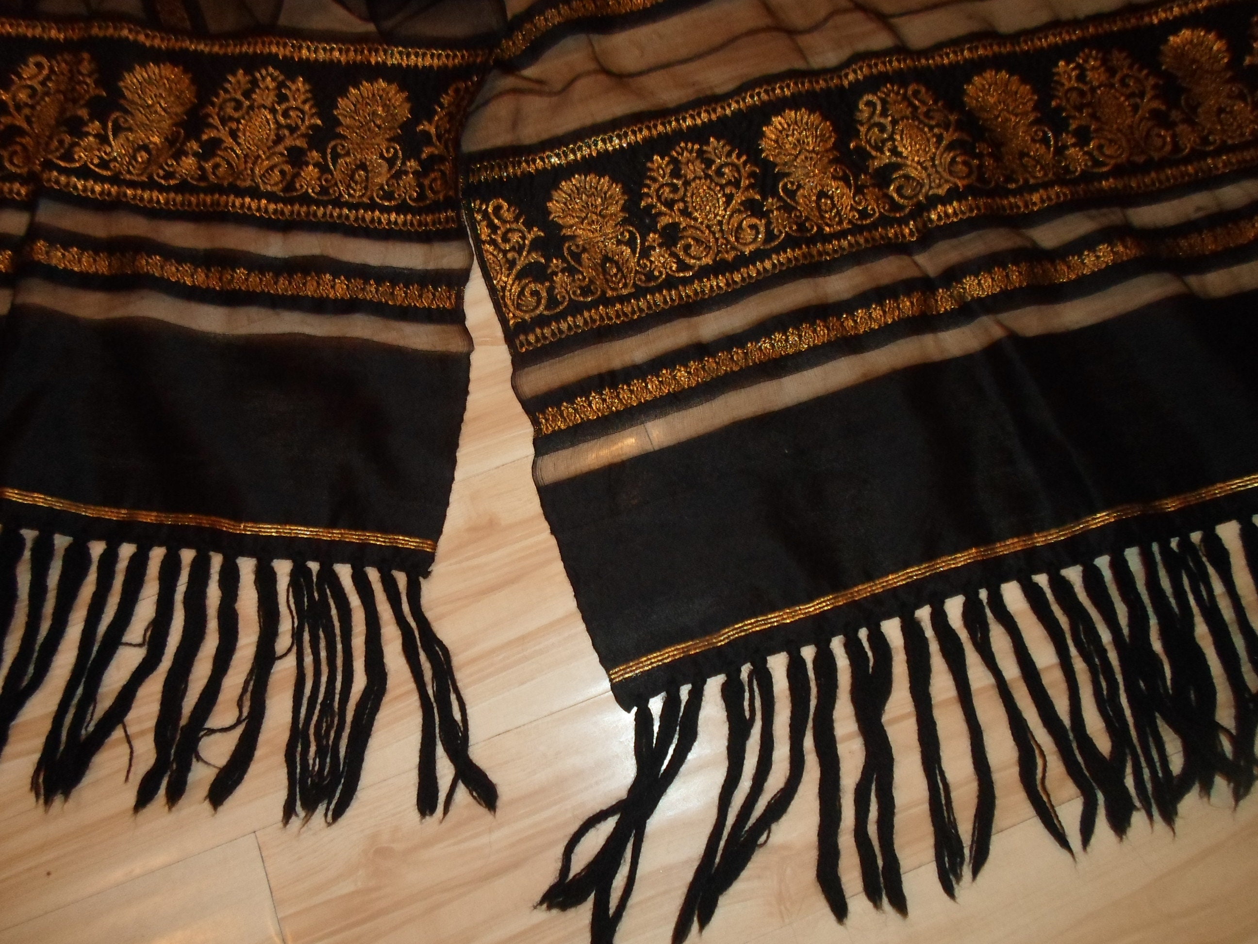 Vintage Black Silk Gold Metallic Shawl Wrap Large Scarf Yarn Knotted Fringe Ethnic Boho 80's
