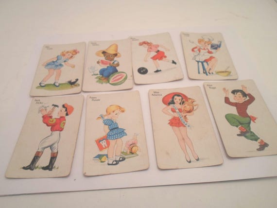 Vintage 9 Old Maid Cards Chic Chick Mis America Fusy Flossie Jack Jockey Jitter Bugs Goodie Cook Betsy Bowler Seedy Sam Silly Sue 50's Cute.
