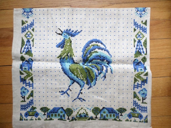 Vintage 60's Irish linen rooster tea towel blues faux needlepoint