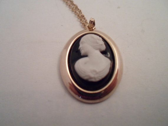 Vintage Faux Cameo Pendant and Chain Victorian Lady Flower at Draped Breast Tag reads Sarah Cov 16"Chain has Adjustable Loops
