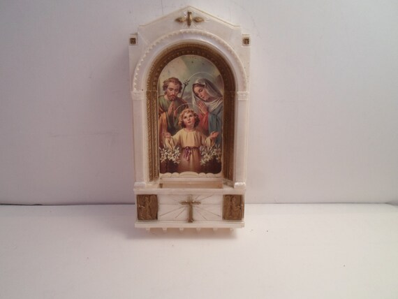 Vintage Art Deco Era Religious Wall Pocket Plaque Holy Family Child Jesus Mary and Joseph Holy Spirit Cross Seraphin Angels Catholic